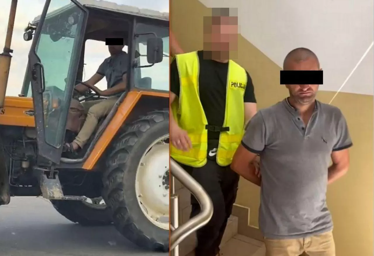 38-latek postanowił skradziony ciągnikiem zatrąbić na policjantów. Tak został złapany.