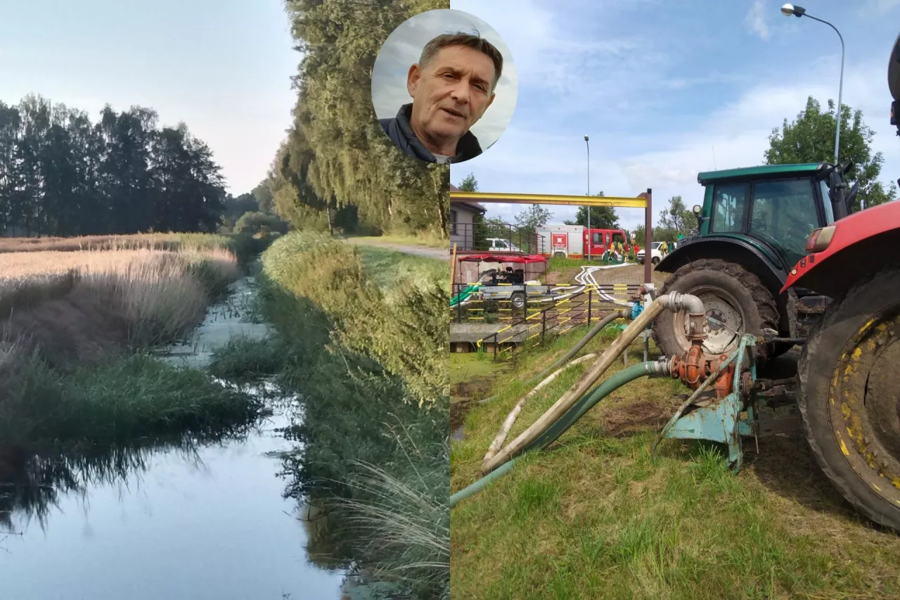 Fotomontaż przedstawia połączone poziomo zdjęcia kanału na Żuławach oraz sprzętu do pompowania wody w gospodarstwie, z nałożonym w kółku portretem Wiesława Zbroińskiego, sołtysa Mokrego Dworu i prezesa Stowarzyszenia Sołtysów Gminy Pruszcz Gdański. Artykuł omawia kryzys powodziowy na Żuławach, niszczenie ponad 70% terenów przez wodę, trudną sytuację rolników, rolę pomp i urządzeń, a także systemowe zaniedbania oraz konflikty wokół zarządzania wodą i bobrów.