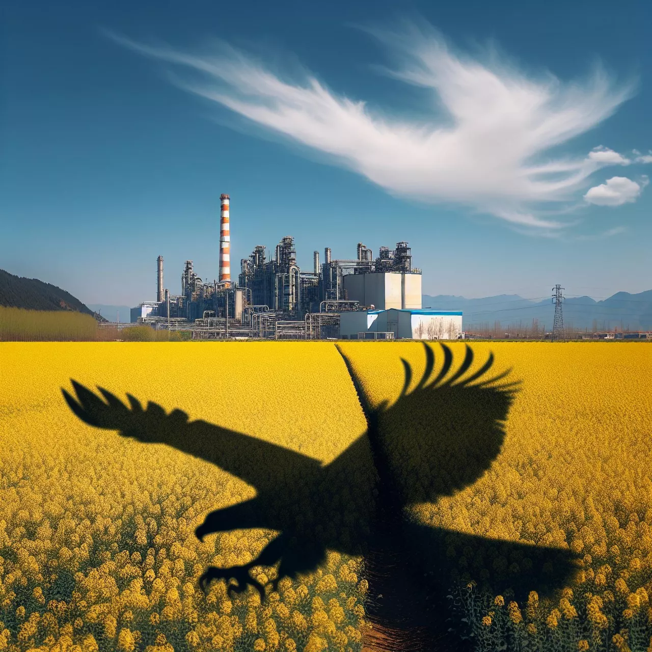 Cień orła nad rzepakiem, a w dali zakład