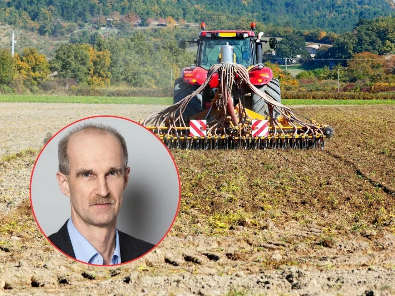 pole, ciągnik, twarz eksperta Michalskiego w ramce