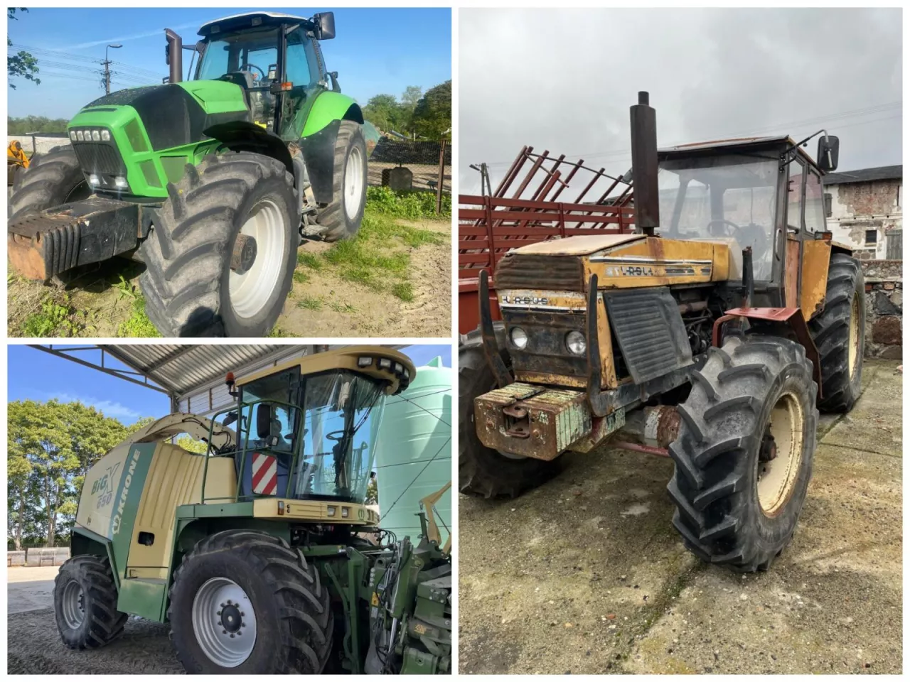 Dwa ciągnik i jeden kombajn na trzech różnych zdjęciach zlepionych w jedno