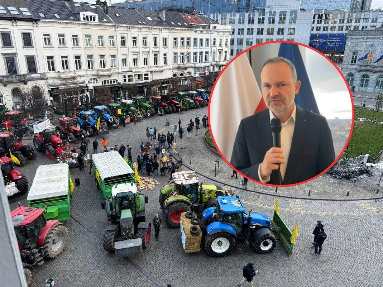 Bruksela protest rolników, na tle postać europosła Krzysztofa Hetmana