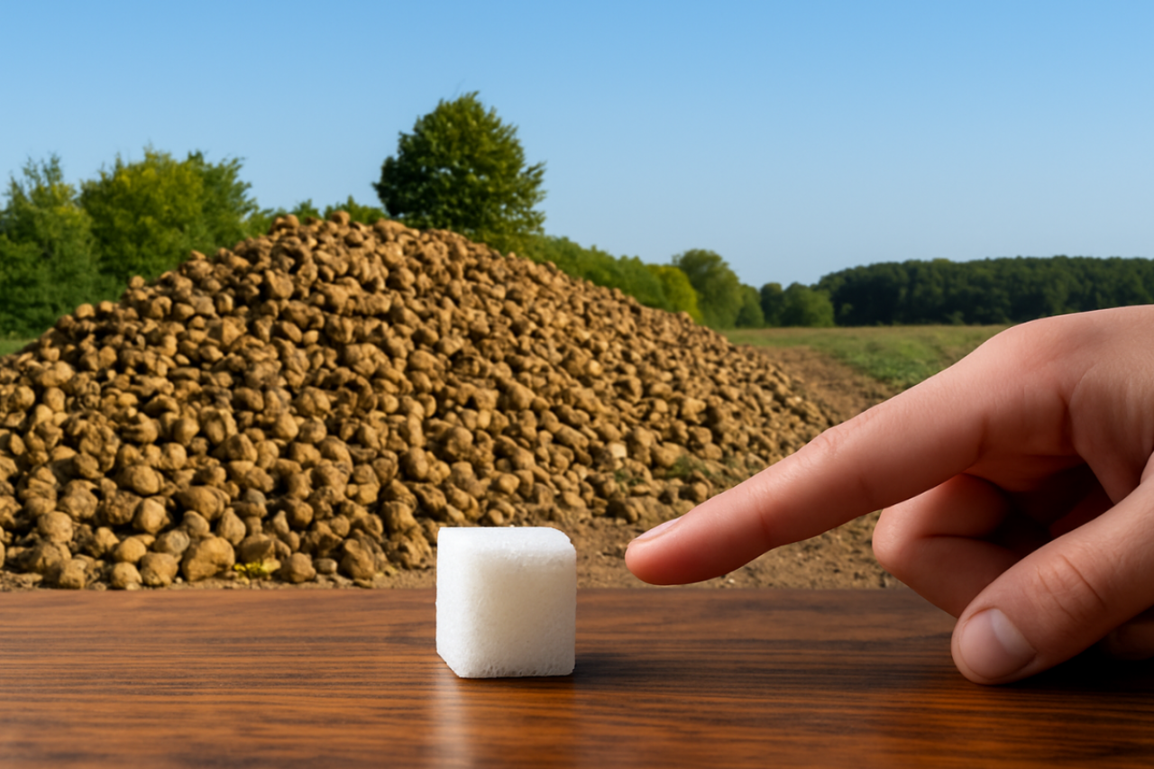 Kostka cukru na stole, na który wskazuje palec, na tle pryzmy buraków cukrowych,.